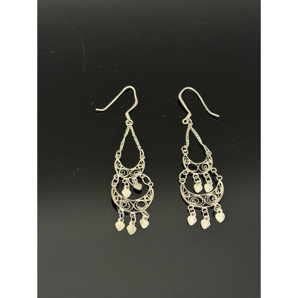 Vintage Sterling Silver 925 Filigree Dangle Chandelier Hook Earrings 2.5"